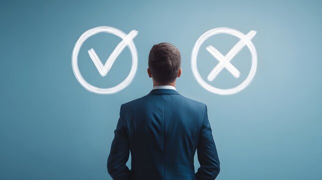 Businessman contemplating options and making a decision between right and wrong choices during a difficult business crisis symbolized by true and false logic