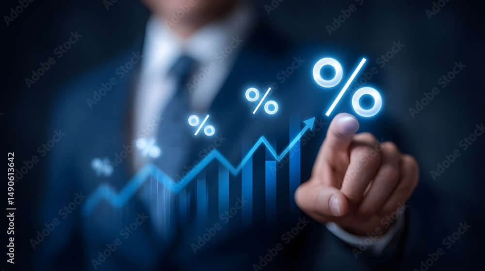 Poster businessman in a suit showing percentage indicators and updown arrow icons on a graph representing f