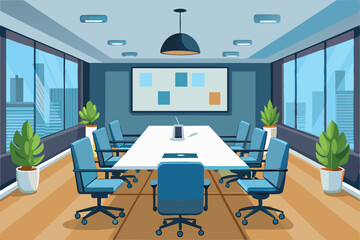 High-end modern office meeting room with floor-to-ceiling glass windows offering a panoramic city skyline view. The stylish interior features a large wooden conference table, contemporary leather chai