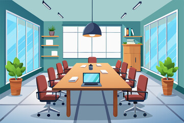 High-end modern office meeting room with floor-to-ceiling glass windows offering a panoramic city skyline view. The stylish interior features a large wooden conference table, contemporary leather chai