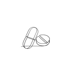Continuous single line drawing of hand holding pill or capsule medicine. Hand holding tablet one line art style. Vector illustration on white background