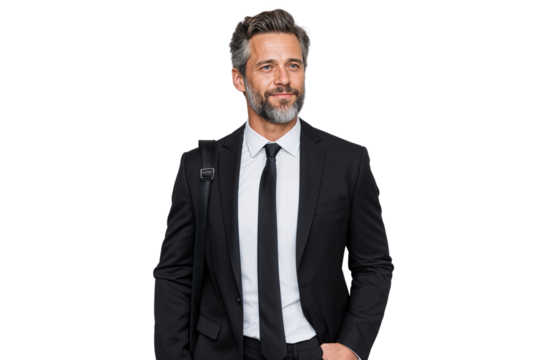 Elegant Corporate executive in a business suit holding a bag, isolated on white background