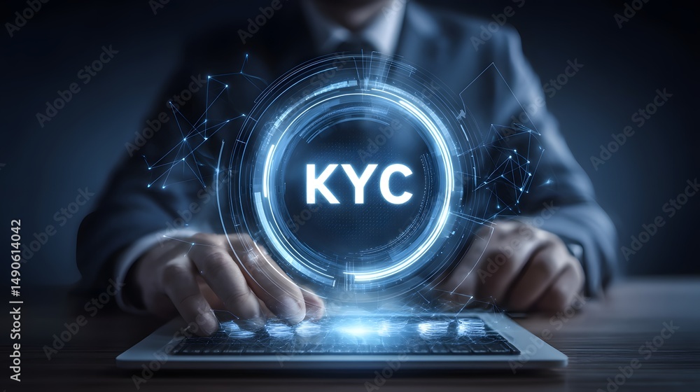 Poster businessman using laptop with identity verification symbol to increase financial security and access