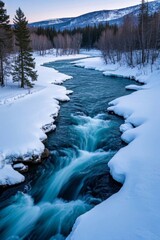 arafed view of a river in a snowy area with trees