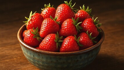 Ripe, juicy strawberries are piled high in a beautiful ceramic bowl, sitting on a rustic wooden table, creating a vibrant and inviting display of fresh, delicious fruit