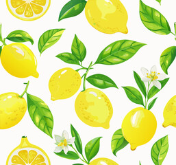Lemons, Leaves, and Flowers Seamless Pattern