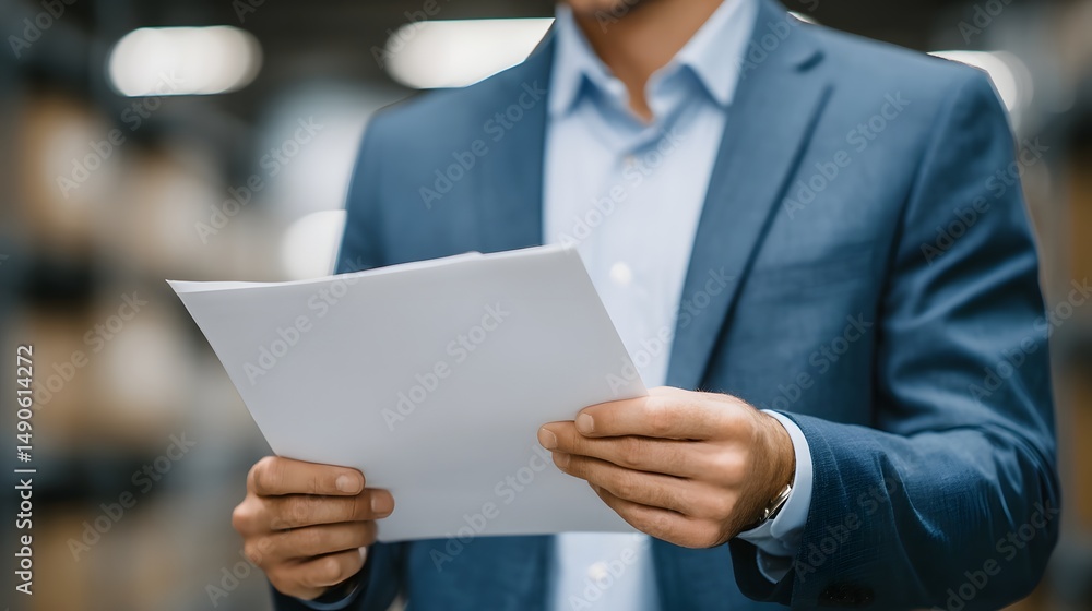 Poster accountant examining and assessing office documents including contracts reports and financial record