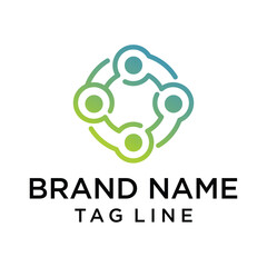 A dynamic and modern logo featuring interconnected circular elements in a gradient of blue and green, forming a central abstract shape. Represents connection, network, and growth. Ideal for tech or co
