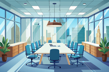 High-end modern office meeting room with floor-to-ceiling glass windows offering a panoramic city skyline view. The stylish interior features a large wooden conference table, contemporary leather chai