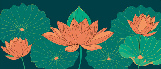 Orange Lotus Flowers and Lily Pads Illustration