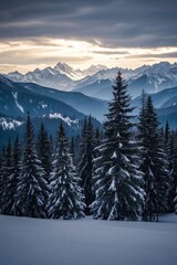 Fototapeta premium snowy trees in the foreground of a mountain range with a cloudy sky