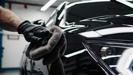 Polishing luxury car headlight with precision in modern auto detailing workshop