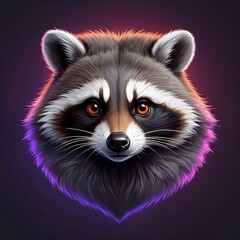 Raccoon head portrait with detailed fur and a dark purple background.