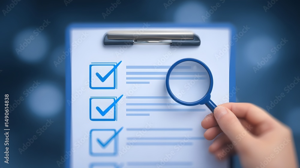 Poster inspector using a pen to mark a checklist with checkboxes for an online assessment or customer satis