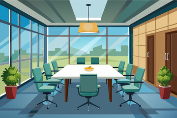 Fototapeta premium High-end modern office meeting room with floor-to-ceiling glass windows offering a panoramic city skyline view. The stylish interior features a large wooden conference table, contemporary leather chai