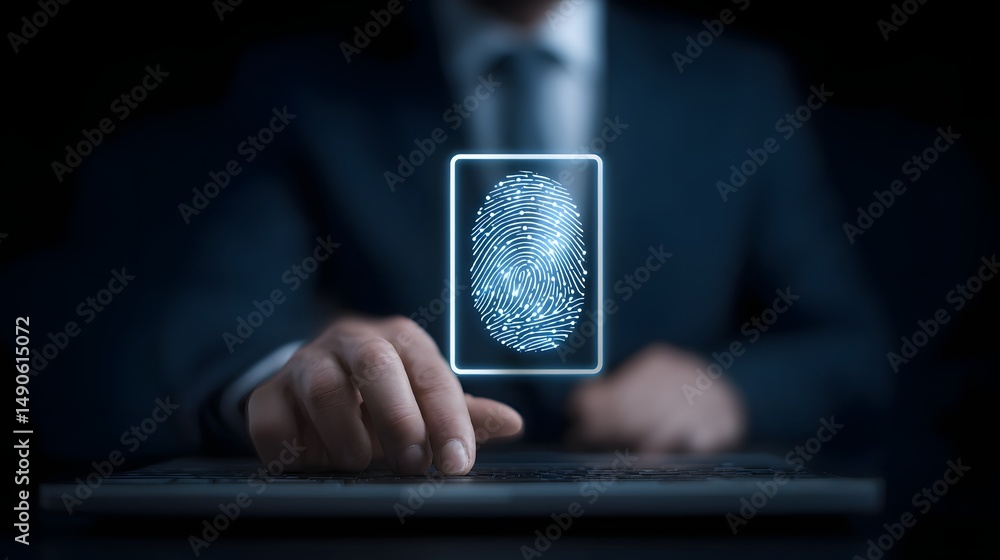 Poster businessman using laptop with identity verification symbol to increase financial security and access