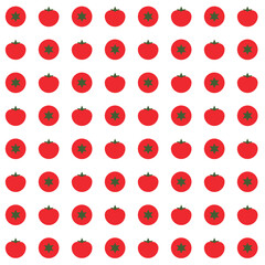 Seamless pattern with red tomatoes and decorative circles featuring green star accents. Ideal for textiles, packaging, and digital backgrounds.