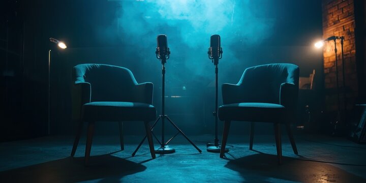 Stylish podcast interview setup with two microphones and chairs against a dark background Stock photo