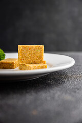 Broth cube vegetable, meat broth concentrated broth chicken, pork, beef meat natural food fresh dish on the table rustic food top view copy space