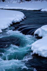 snowy river with ice and snow on the rocks