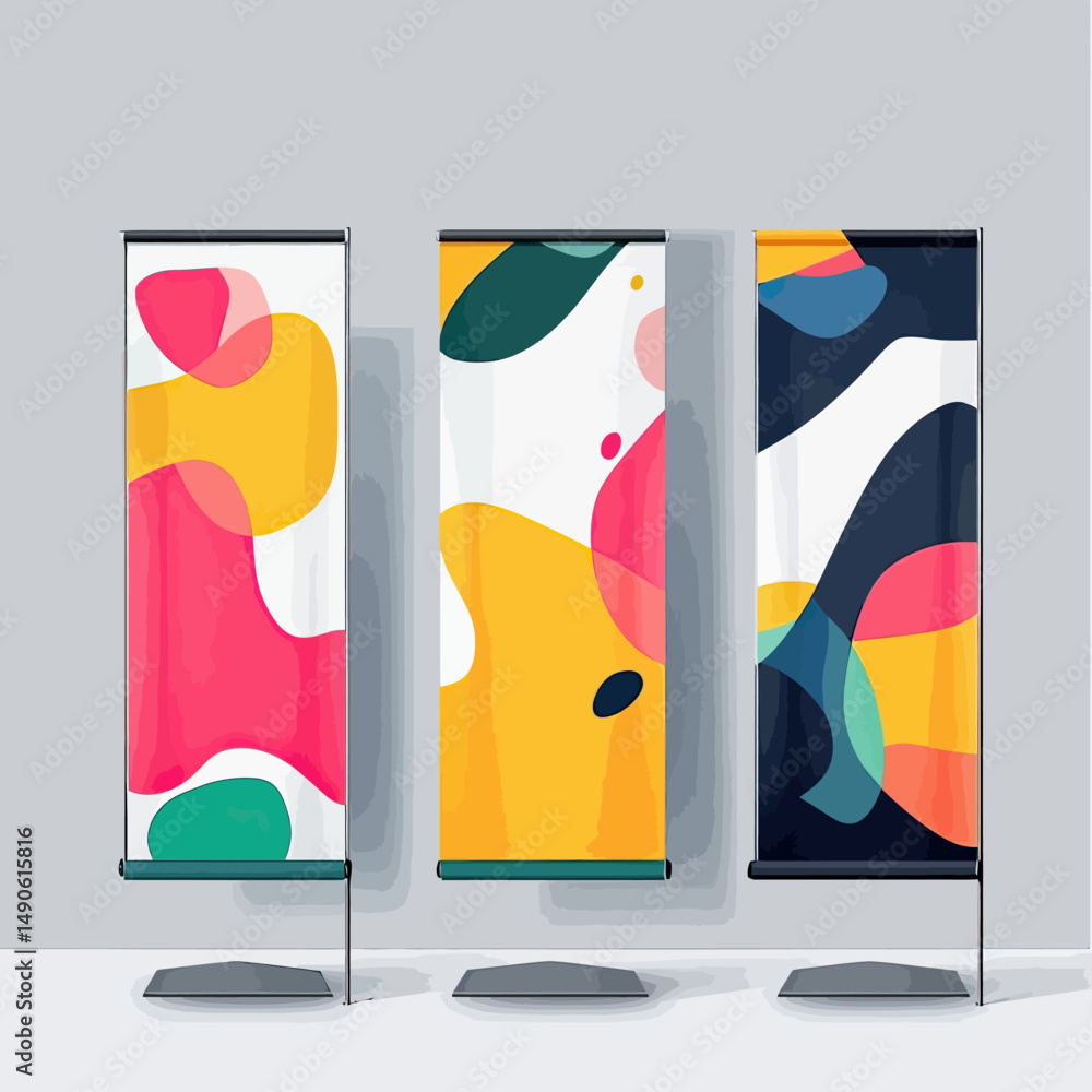 Poster set of three colorful abstract roll up banner stands with fluid shapes and modern minimalist flat ve