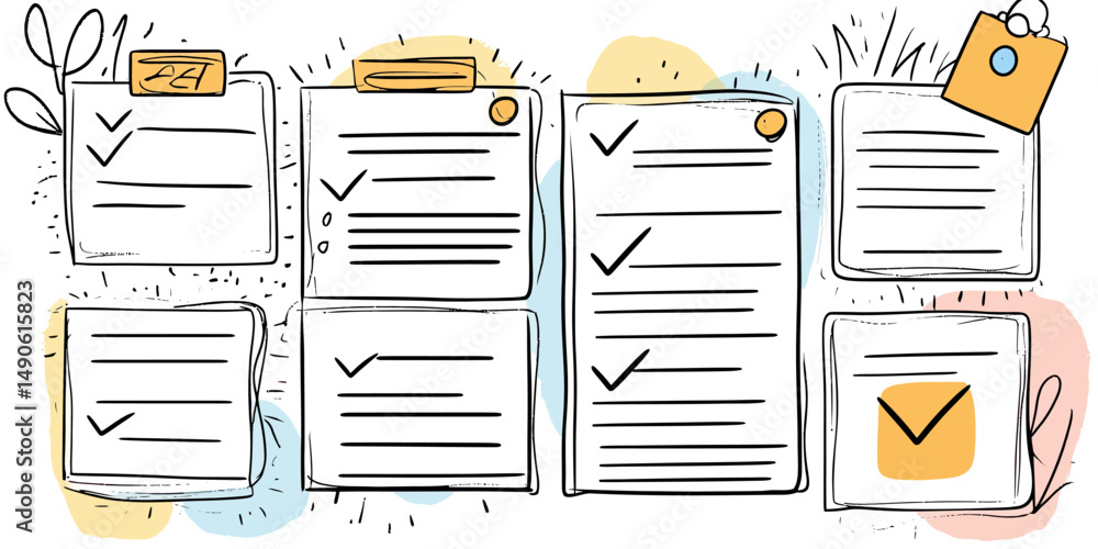Aufkleber hand drawn doodle checklist memo pages with check marks and paper clip in minimalist style vector il