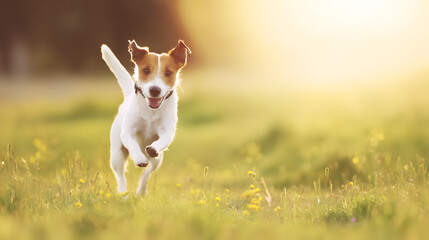 Jack Russell terrier sprinting through a meadow, embodying pure joy and freedom in motion.