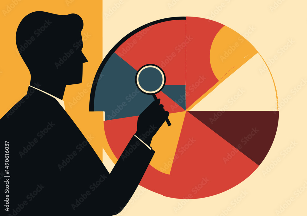 Poster silhouette businessman analyzing multi color pie chart with magnifying glass flat vector illustratio