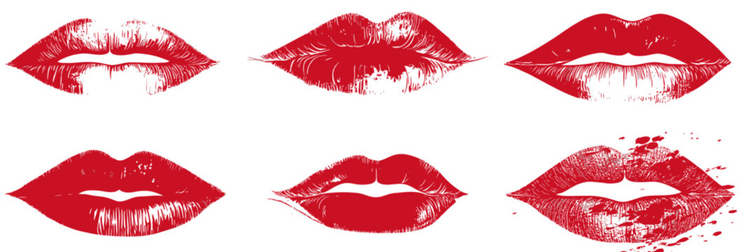 Set of six red kiss lips imprints on white background with realistic texture and smudged lipstick marks for romantic and beauty concepts vector illustration