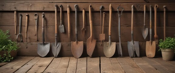 Well-worn gardening tools displayed on antique wooden surface, hoe, summer