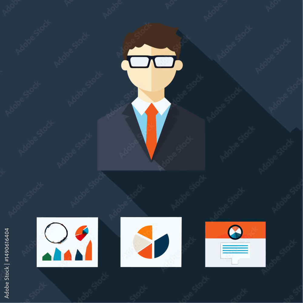Poster flat vector icon of business professional wearing glasses and tie with charts and graphs analytics d