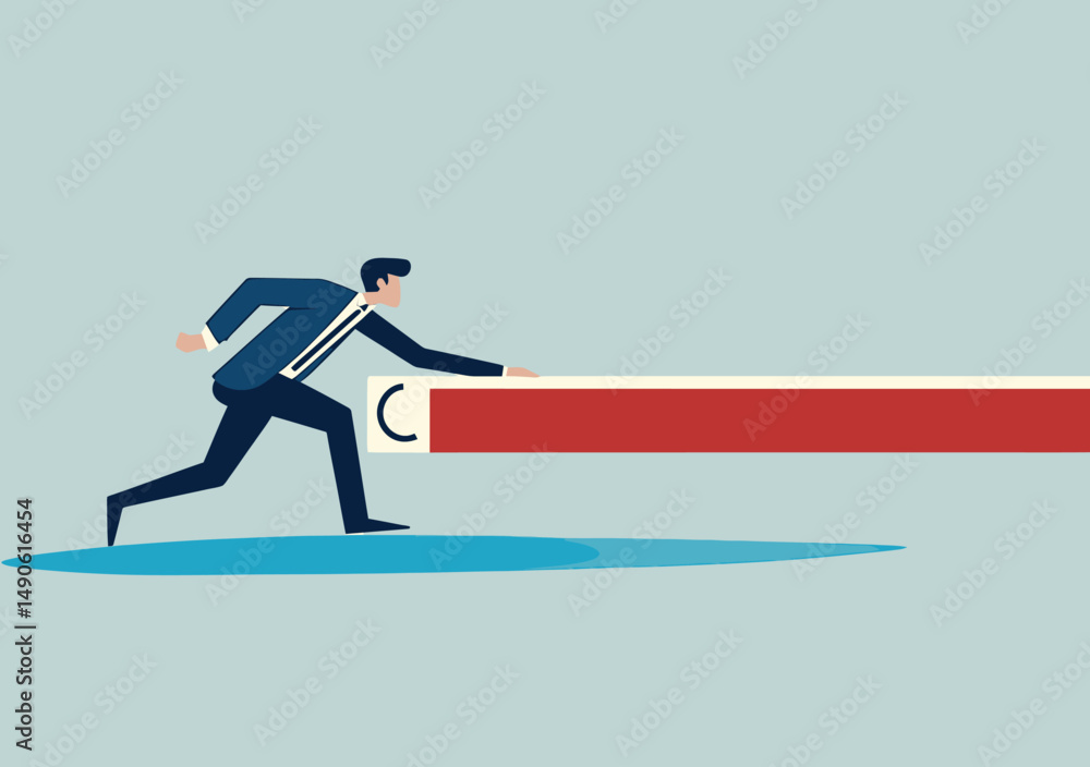 Poster businessman in suit pushing progress bar indicator symbolizing project completion effort and deadlin