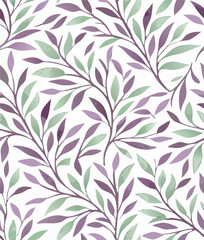 Seamless Watercolor Purple and Green Leaves Pattern