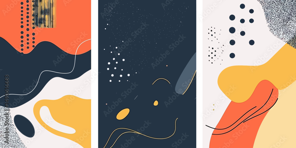 Aufkleber abstract modern art background set with geometric shapes lines dots patterns in orange navy blue whi