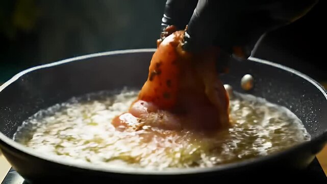 Close-Up of Marinated Meat Being Fried in Hot Oil