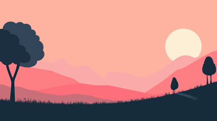 Naklejka premium Minimalist flat vector landscape with sunset sky rolling hills and silhouette trees in peaceful nature scene with warm pastel colors and soft gradient background