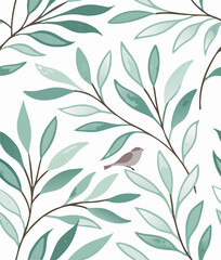Seamless Teal Watercolor Leaves and Bird Pattern