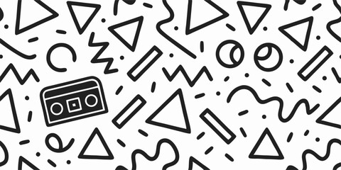 90s Retro Geometric Pattern with Cassette Player