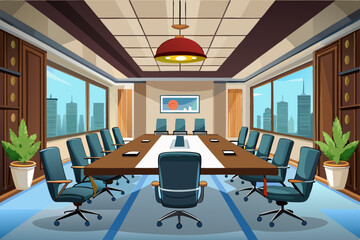 
High-end modern office meeting room with floor-to-ceiling glass windows offering a panoramic city skyline view. The stylish interior features a large wooden conference table, contemporary leather cha