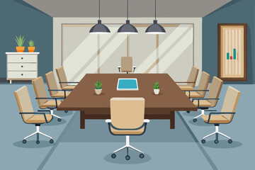 
High-end modern office meeting room with floor-to-ceiling glass windows offering a panoramic city skyline view. The stylish interior features a large wooden conference table, contemporary leather cha