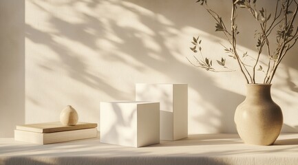 Minimalist scene with sunlit neutral tones;  two white cubes, a beige vase with branches, a small wooden object atop stacked books, all casting soft shadows on a light surface