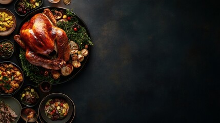 Festive Thanksgiving Dinner with Roast Turkey, Side Dishes, and Christmas Decorations on a Dark Background
