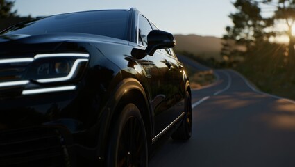 Naklejka premium Black Luxury SUV Driving on Mountain Road at Dusk with Cinematic Lighting