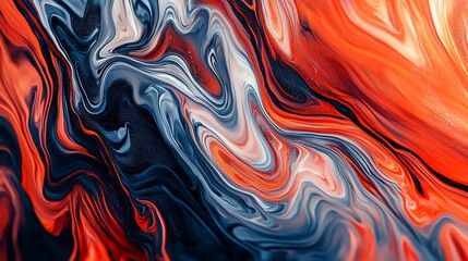 Abstract fluid art with swirling patterns of orange and navy blue hues