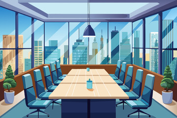 High-end modern office meeting room with floor-to-ceiling glass windows offering a panoramic city skyline view. The stylish interior features a large wooden conference table, contemporary leather chai