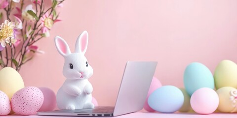 Sweet rabbit using a laptop for studying, Easter concept with pastel colors Stock photo