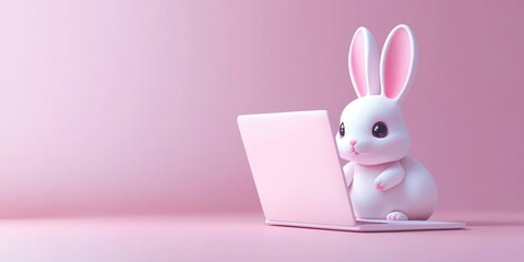 Sweet rabbit using a laptop for studying, Easter concept with pastel colors Stock photo