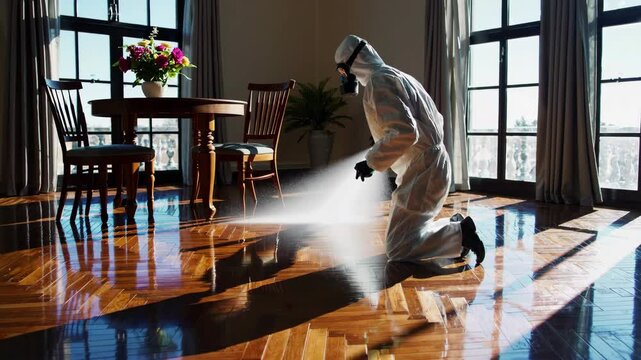 Professional sanitization expert disinfecting sunlit home interior for safe and healthy living