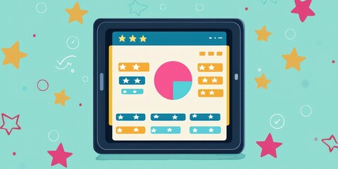 Tablet dashboard with pie chart and star reviews Stock photo