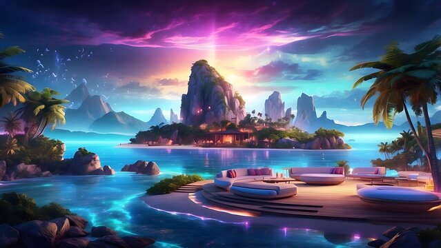 A glowing private island with radiant holographic entertainment zones and vibrant landscapes, Cinematic theme, HDR, Vibrant 